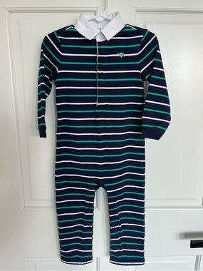 Janie and Jack Polo Style Collared Romper, 18-24M, Navy Green Striped One Piece